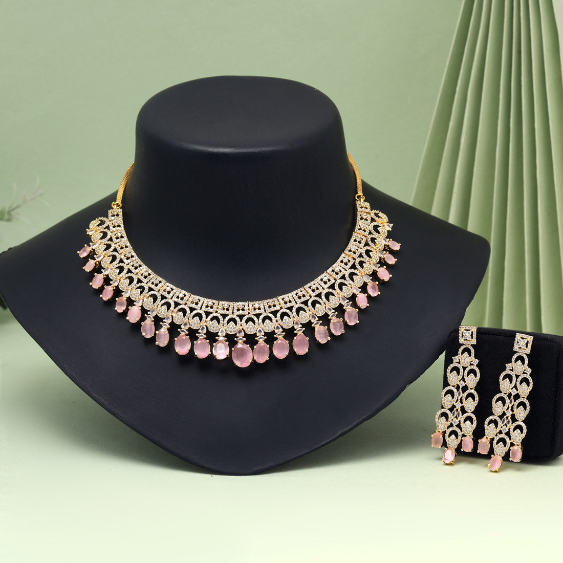 Pink Color American Diamond Necklaces Set