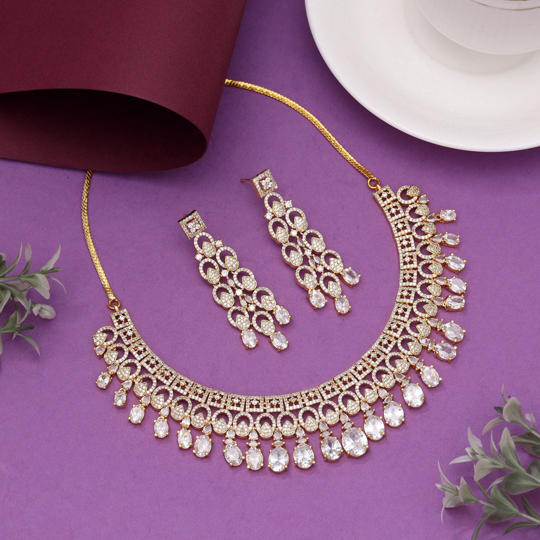 White Color American Diamond Necklaces Set