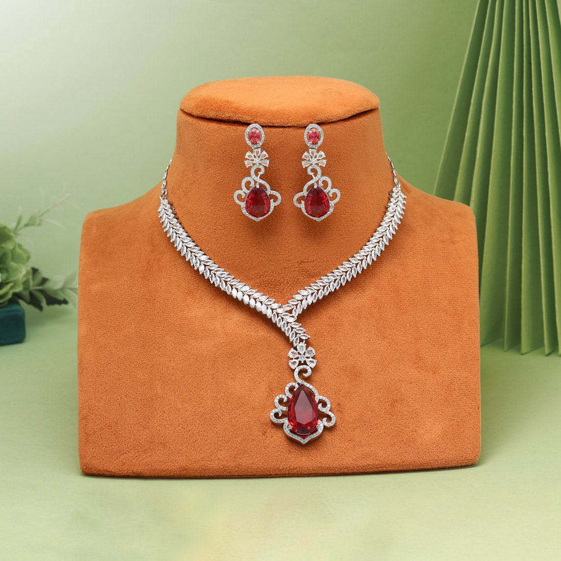 Ruby Color American Diamond Necklaces Set