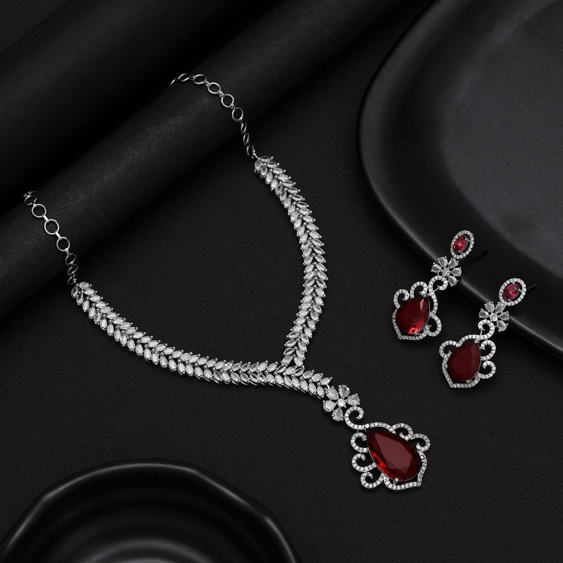 Ruby Color American Diamond Necklaces Set