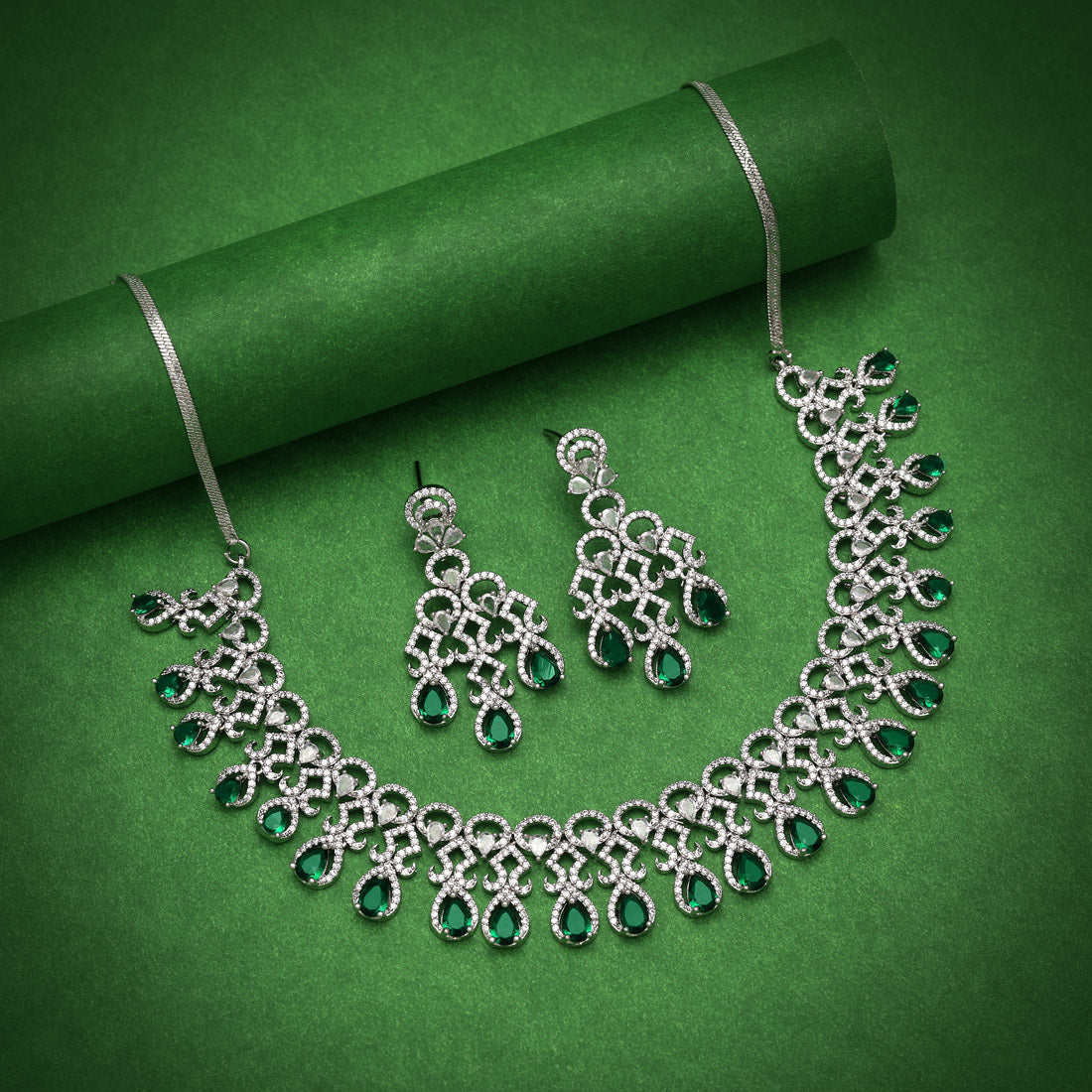Green Color American Diamond Necklaces Set