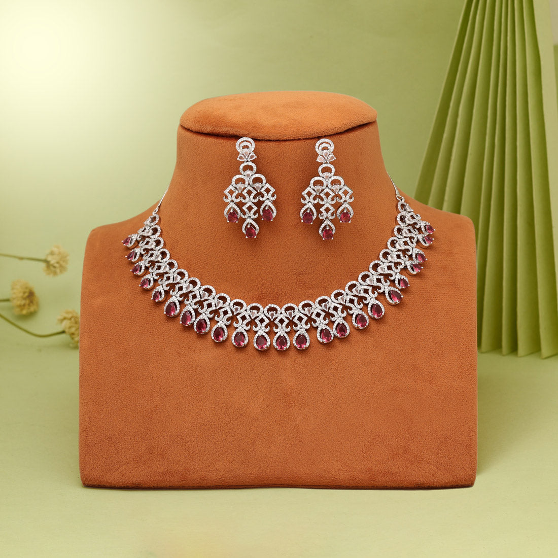 Ruby Color American Diamond Necklaces Set