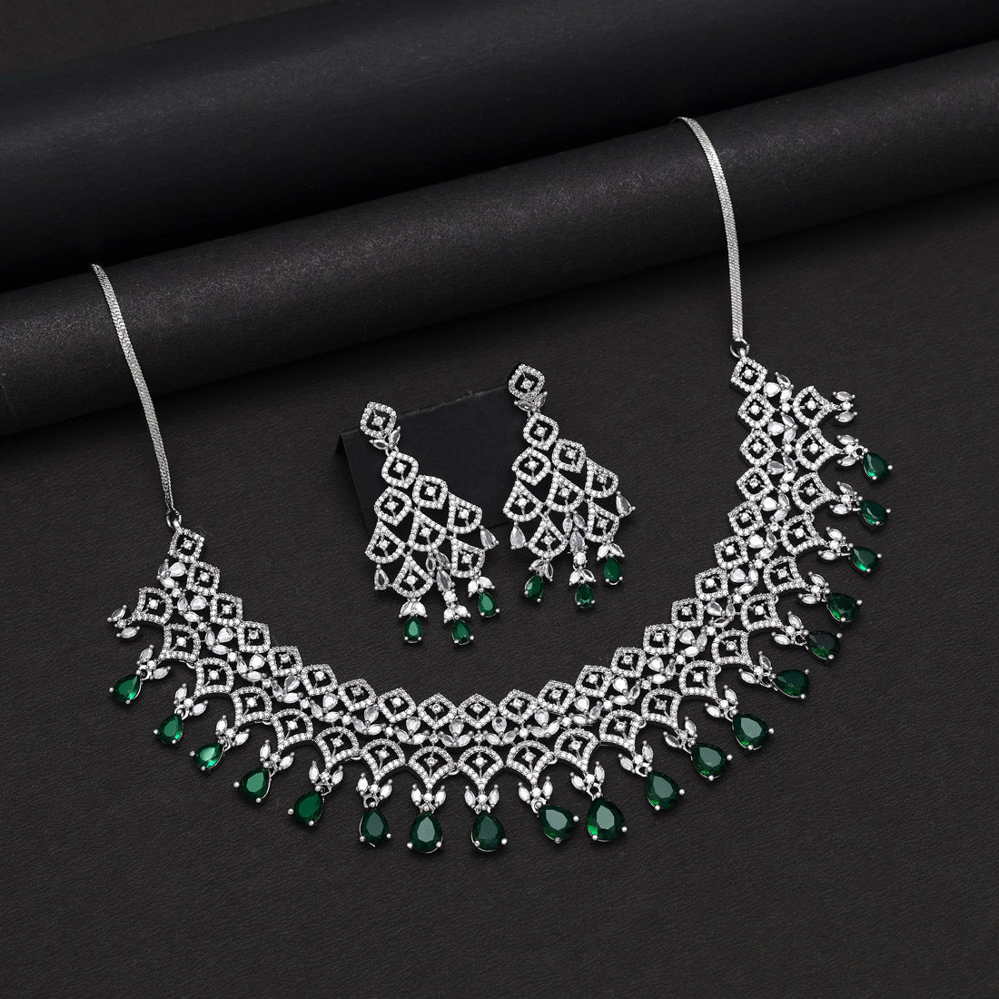 Green Color American Diamond Necklaces Set