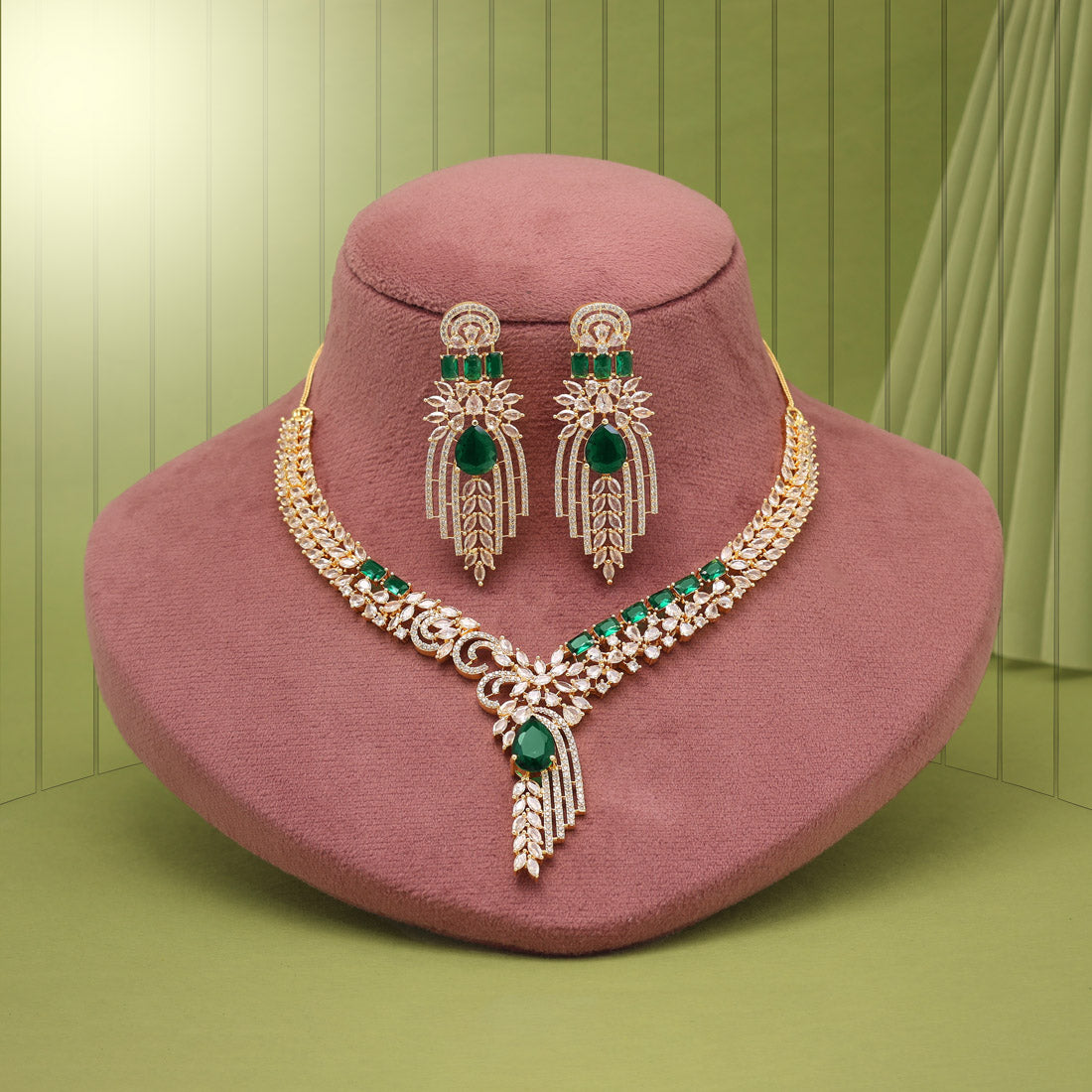 Green Color American Diamond Necklaces Set