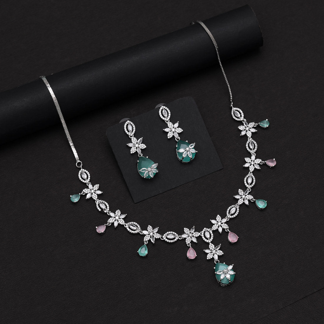 Pink & Pista Green Color American Diamond Necklaces Set