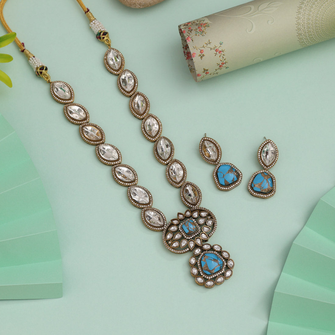Firozi Color American Diamond Necklace Set With Glamorous Shiny Stone Finish