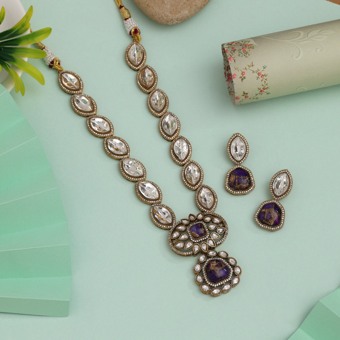 Purple Color American Diamond Necklace Set With Intricate Gemstone Embellishments