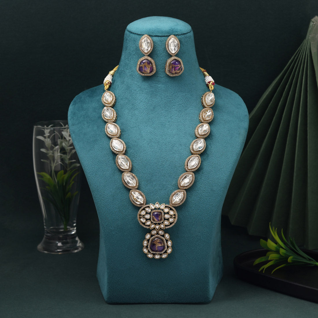 Purple Color American Diamond Necklace Set With Intricate Gemstone Embellishments