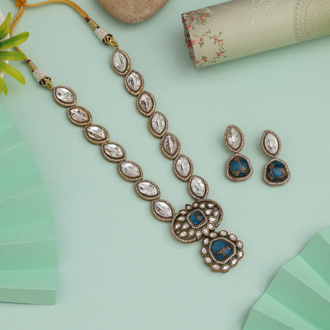 Turquoise Blue Color American Diamond Necklace Set For Sophisticated Occasions