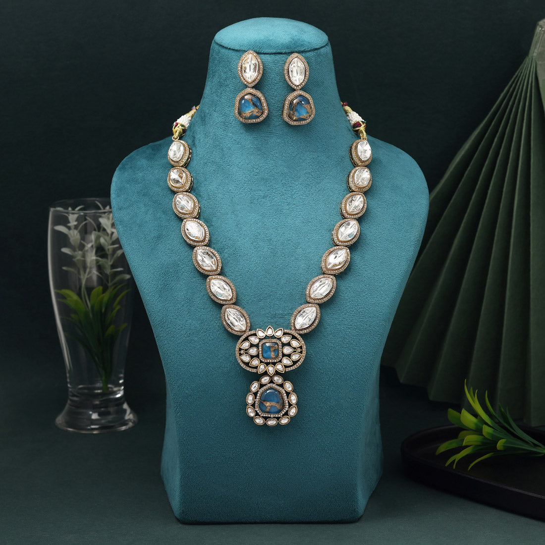 Turquoise Blue Color American Diamond Necklace Set For Sophisticated Occasions