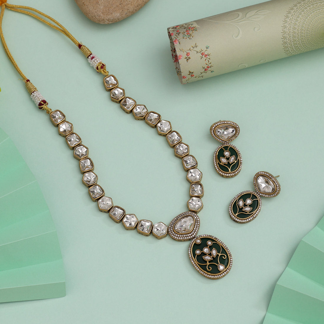 Green Color American Diamond Necklace Set With Sparkling Detailing And Modern Flair