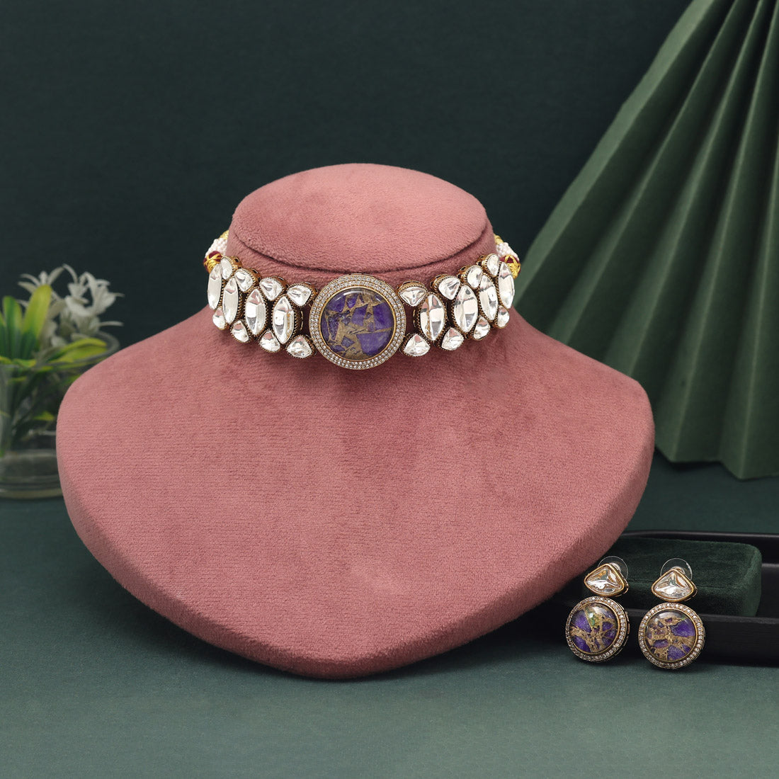 Purple Color Choker American Diamond Necklace Set For Fashion-Forward Accessories