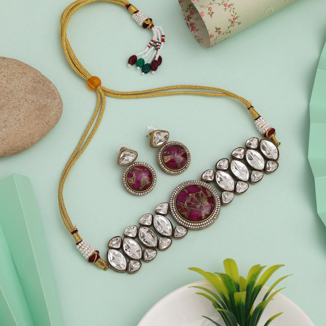 Rani Color Choker American Diamond Necklace Set With Elegant Stone Craft