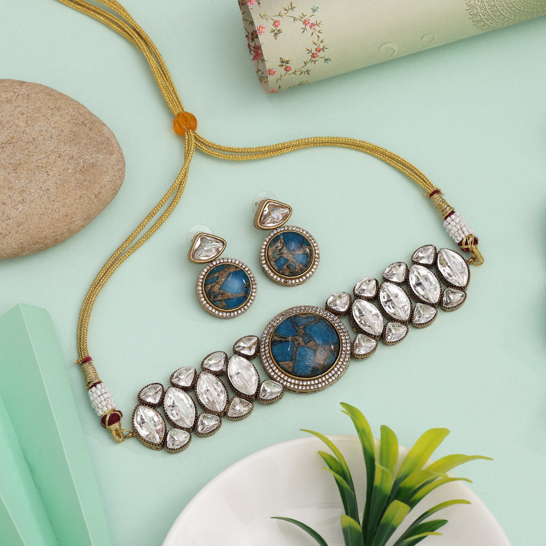 Turquoise Blue Color Choker American Diamond Necklace Set With Bold Styling