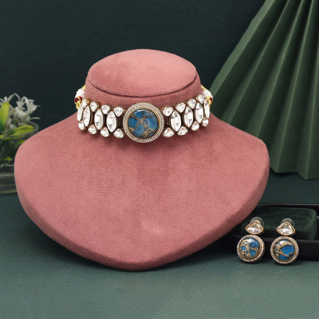 Turquoise Blue Color Choker American Diamond Necklace Set With Bold Styling
