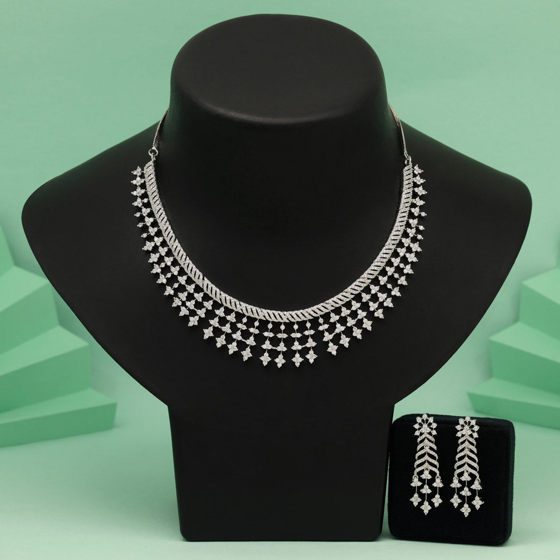 Silver Color American Diamond Necklace Set With Bold Artistic Stone Patterns