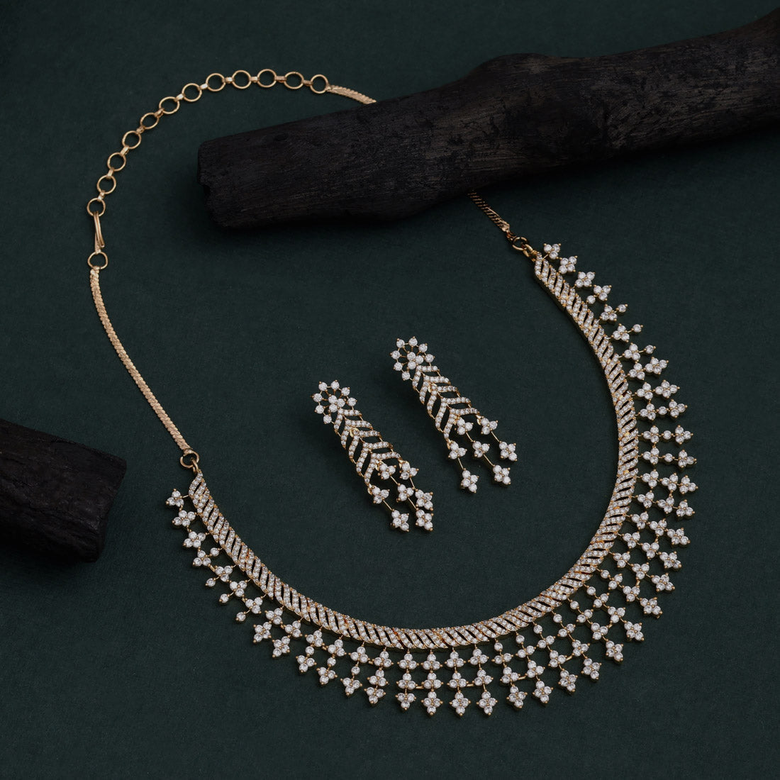 White Color American Diamond Necklace Set Featuring Intricate Polished Detailing