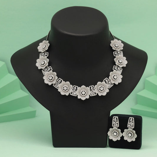 Silver Color American Diamond Necklace Set Designed For Evening Glamorous Occasions