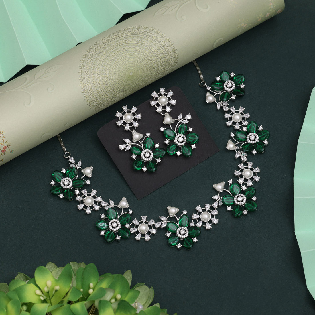 Green Color American Diamond Necklace Set With Sparkling Gems For Ethnic Outfits