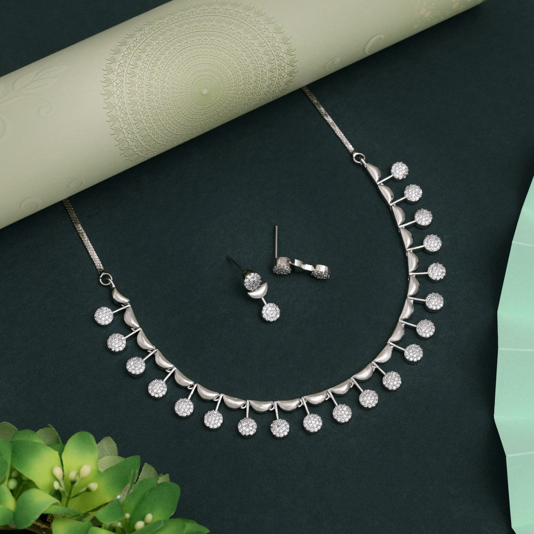 Silver Color American Diamond Necklace Set With Fancy Gemstones And Radiant Charm