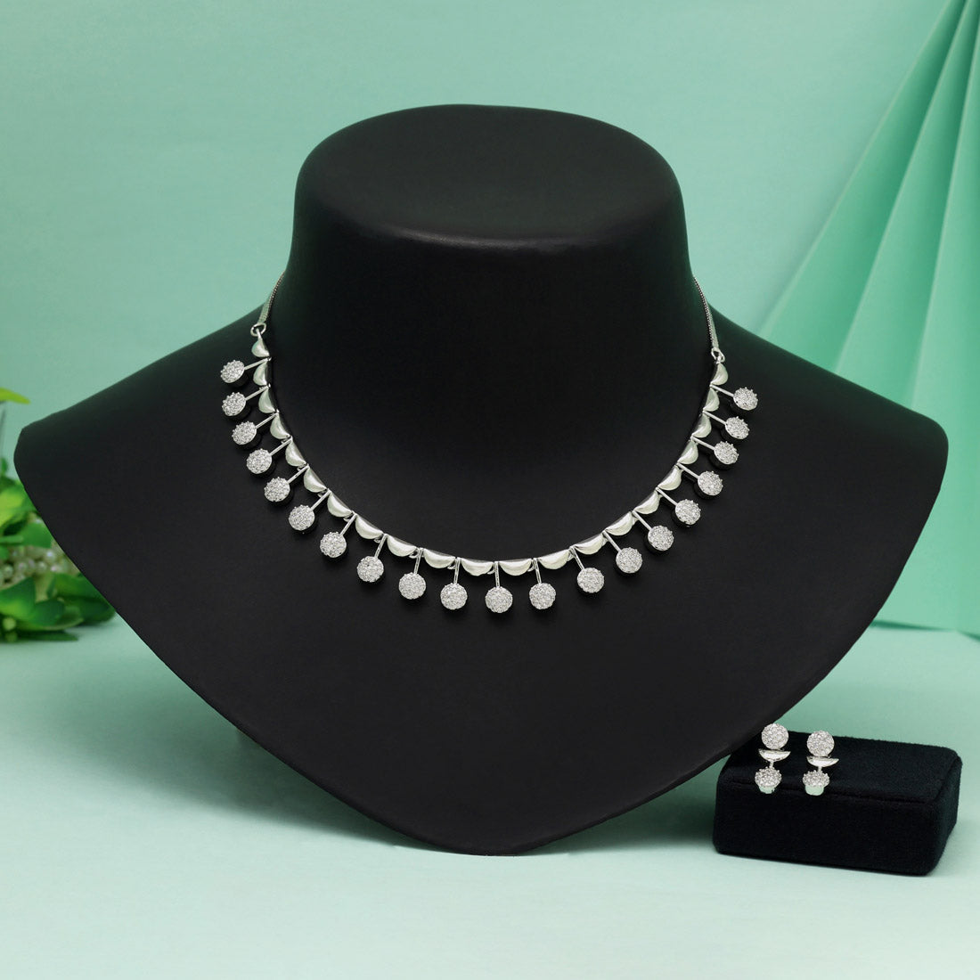 Silver Color American Diamond Necklace Set With Fancy Gemstones And Radiant Charm