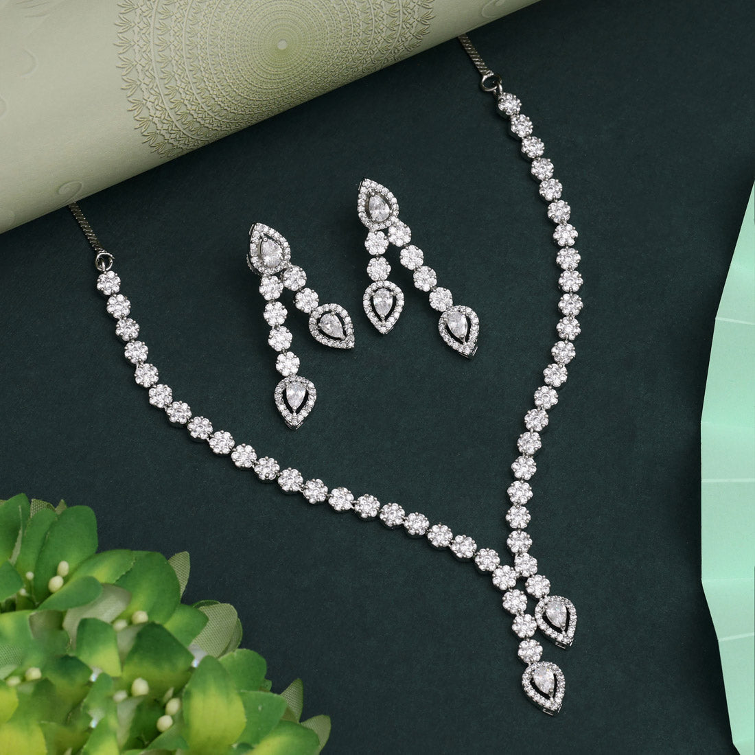 Silver Color American Diamond Necklace Set For Party Looks With Rich Appearance