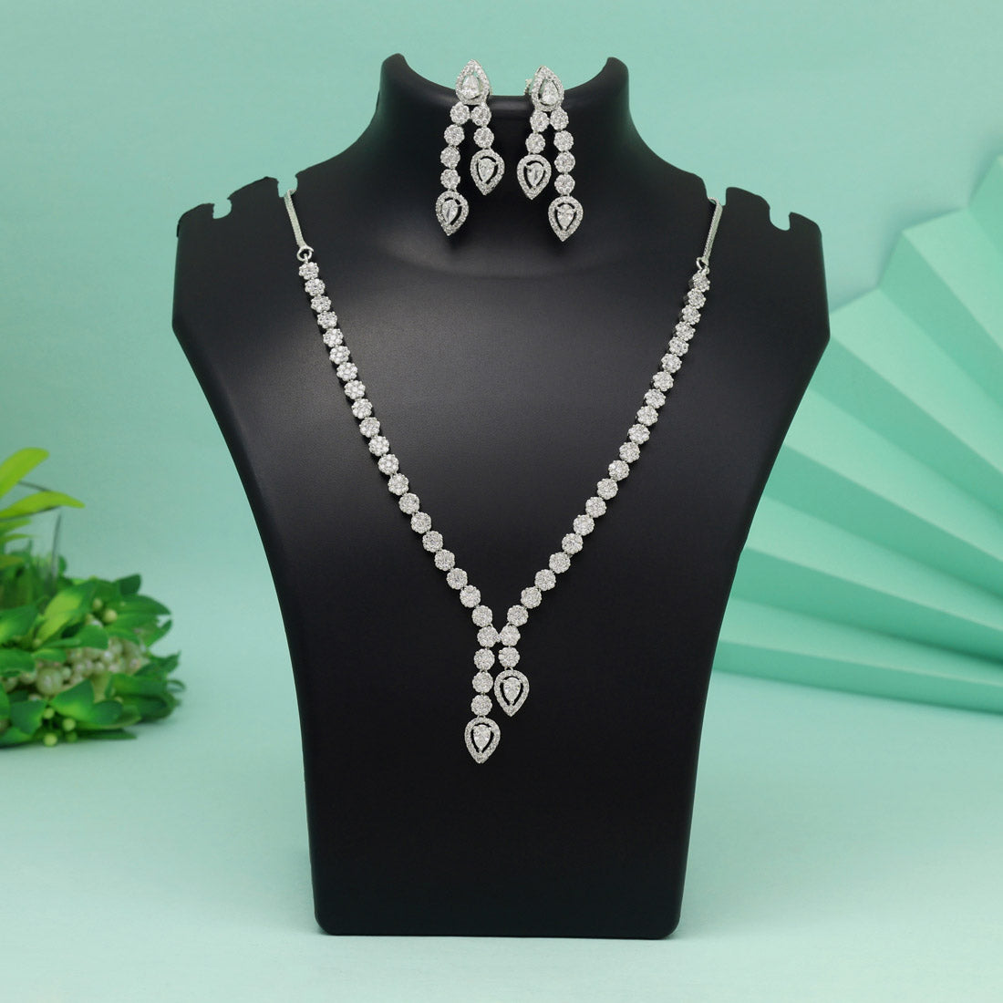 Silver Color American Diamond Necklace Set For Party Looks With Rich Appearance