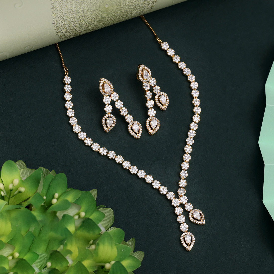 White Color American Diamond Necklace Set With Vintage-Inspired Necklace Styling