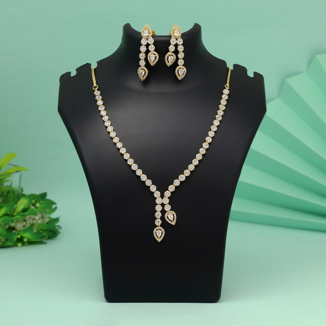 White Color American Diamond Necklace Set With Vintage-Inspired Necklace Styling