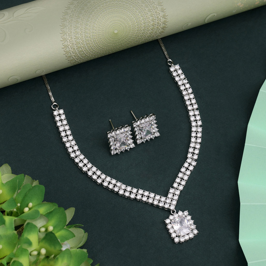 Silver Color American Diamond Necklace Set With Luxurious Shine And Crystal Touch