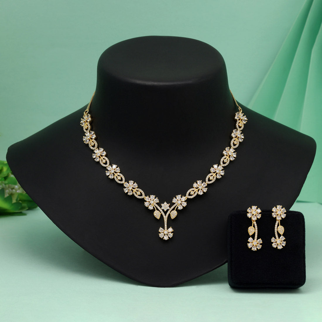 White Color American Diamond Necklace Set Featuring Elegant Craftsmanship Throughout