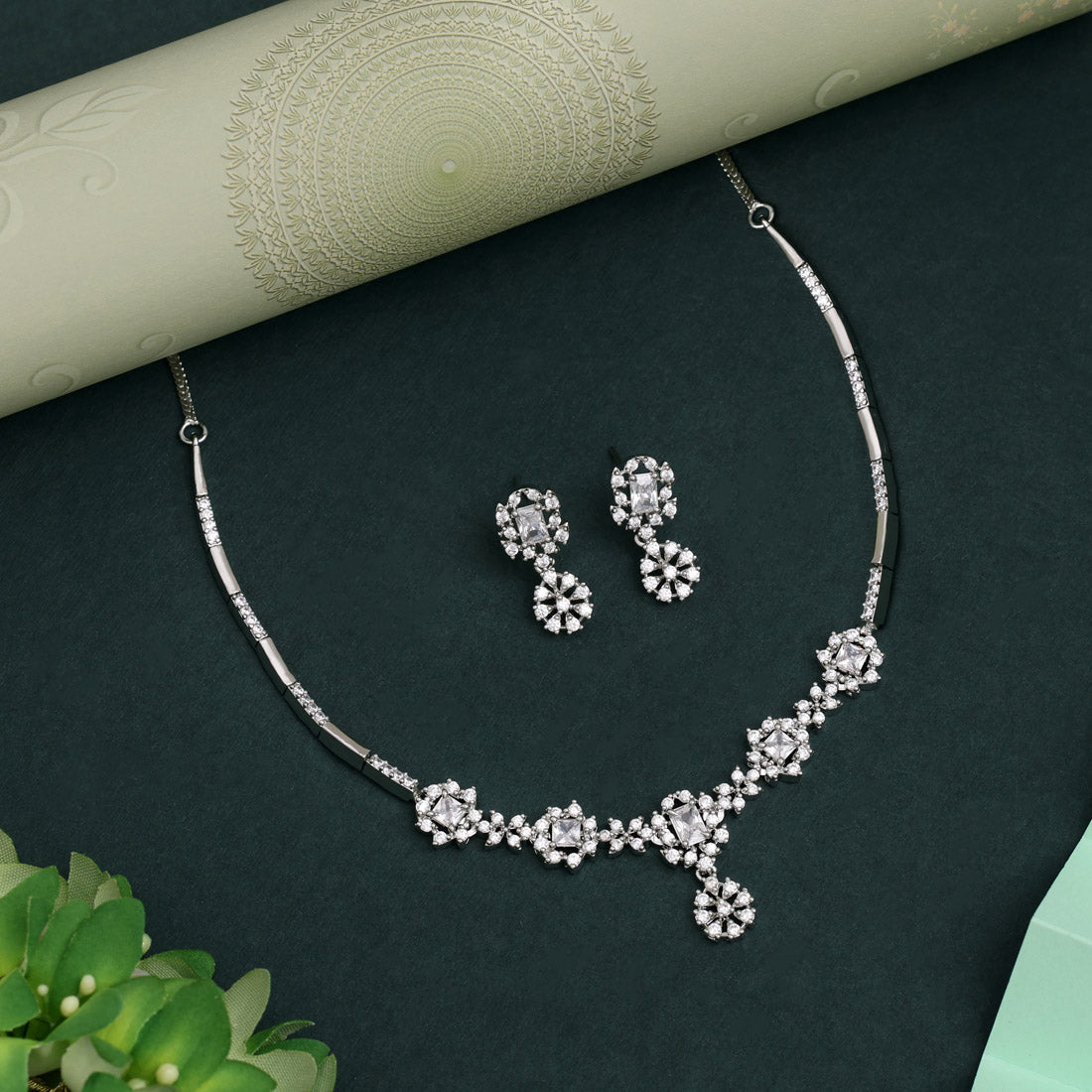 Silver Color American Diamond Necklace Set Reflecting Festive Spirit And Grace