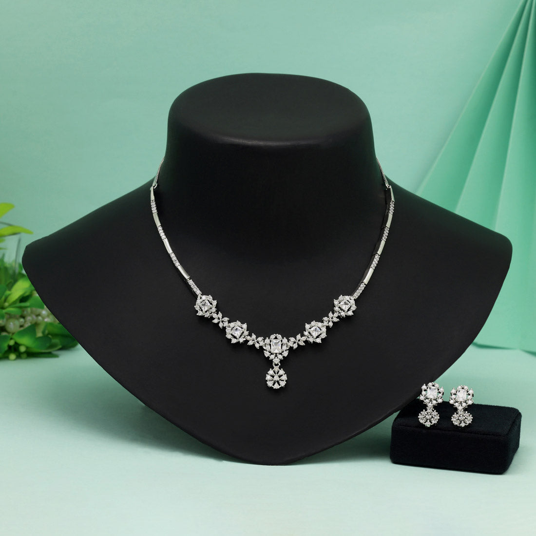 Silver Color American Diamond Necklace Set Reflecting Festive Spirit And Grace