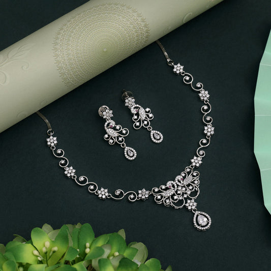 Silver Color American Diamond Necklace Set To Match Western Or Indian Wear