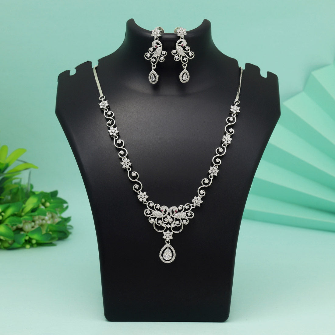 Silver Color American Diamond Necklace Set To Match Western Or Indian Wear
