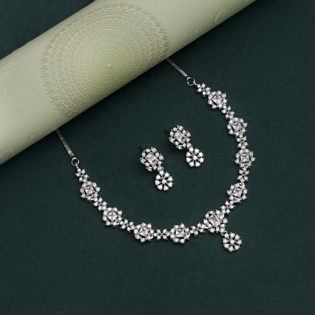 Silver Color American Diamond Necklace Set Designed With Glitter And Grace