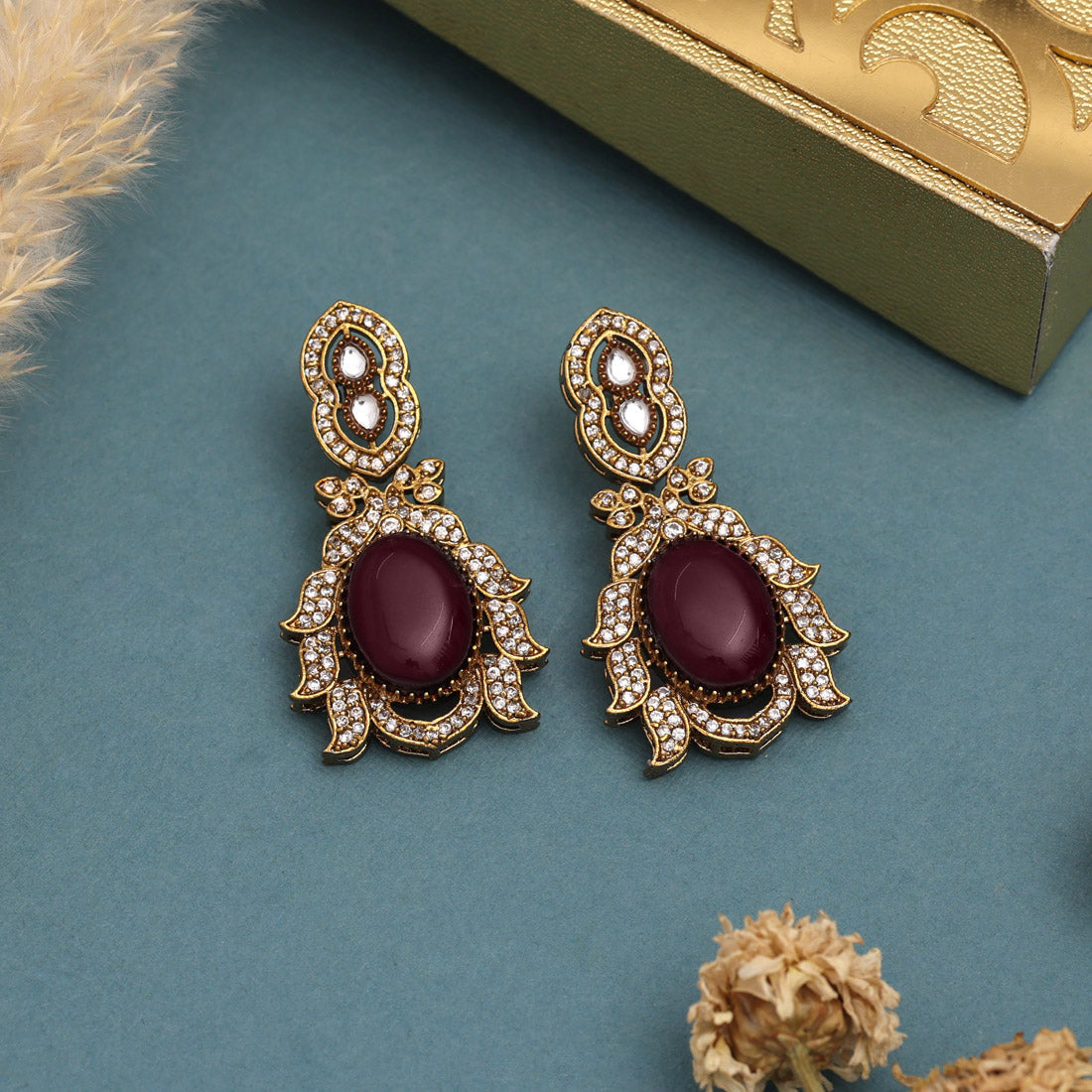 Wedding Style Maroon Color American Diamond Necklaces Set For Women