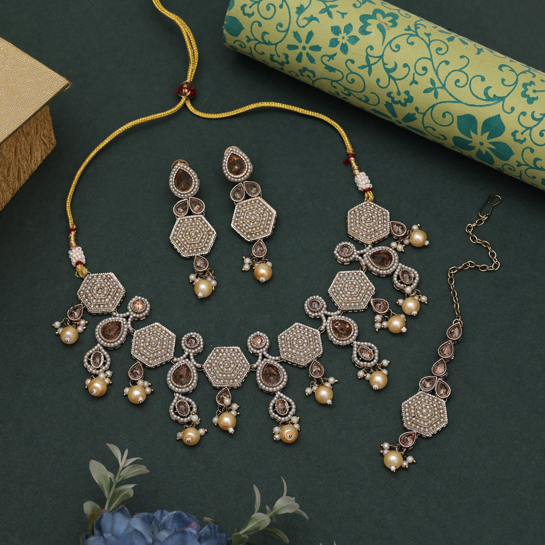 Timeless Gold Color American Diamond Necklaces Set For Party Celebrations