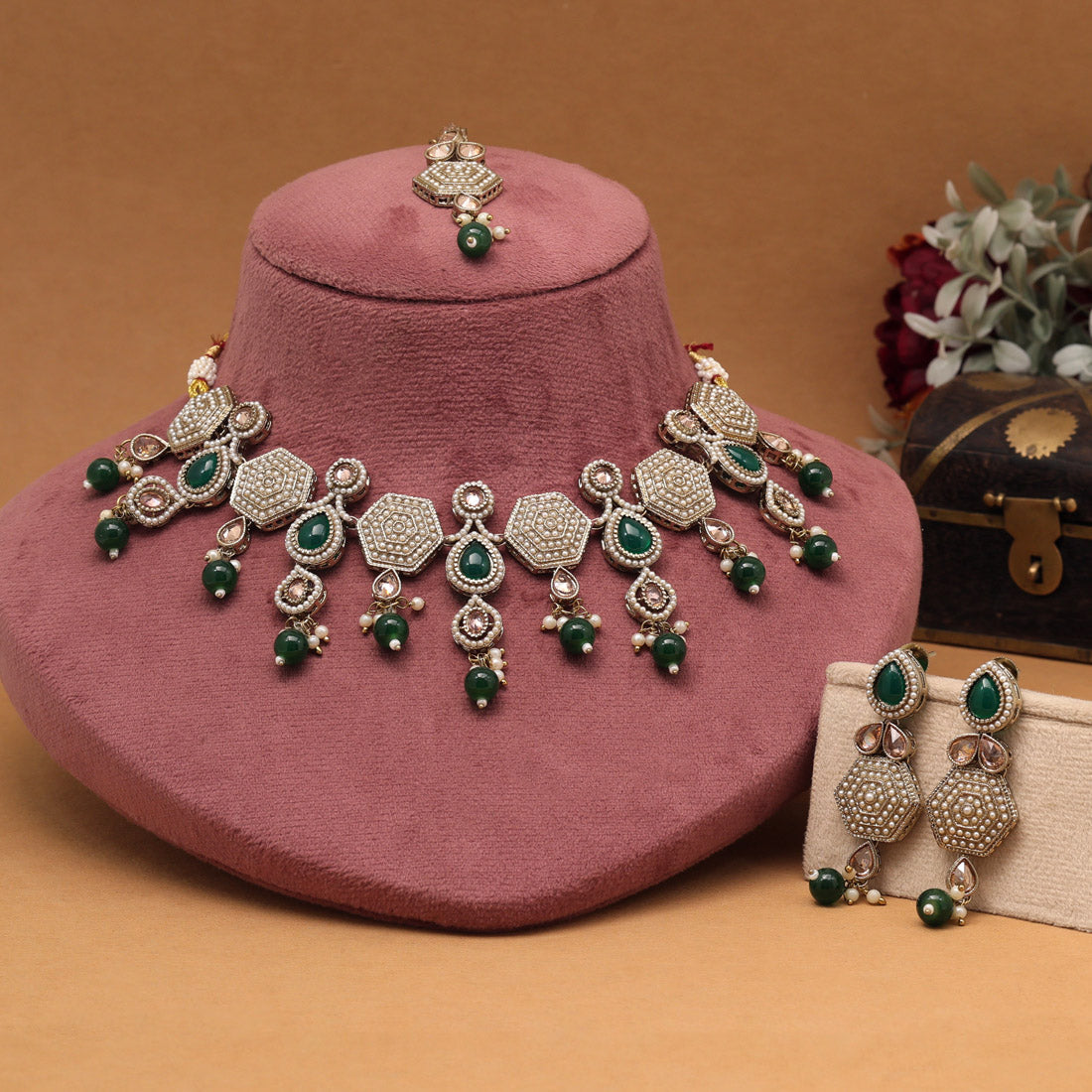 Classic Green Color American Diamond Necklaces Set With Shimmering Diamond Touch