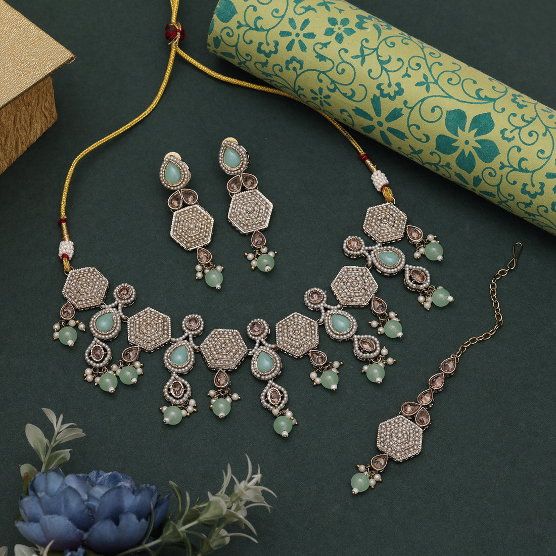 Stylish Pista Green Color American Diamond Necklaces Set For Special Events