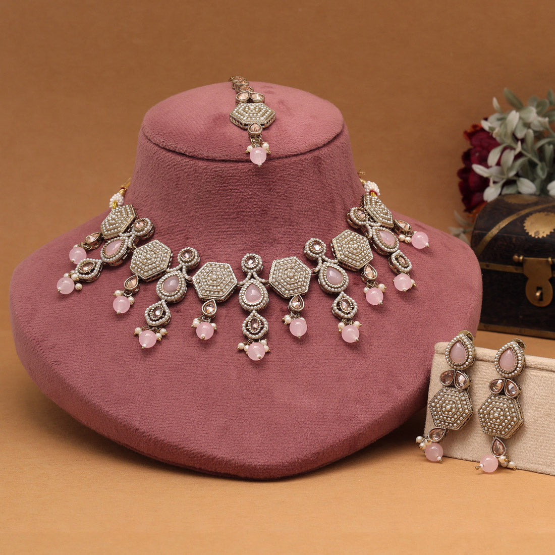 Elegant Pink Color American Diamond Necklaces Set With Sparkling Stone Finish