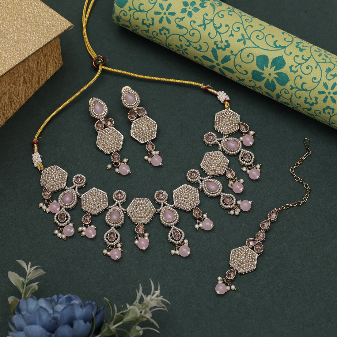 Elegant Pink Color American Diamond Necklaces Set With Sparkling Stone Finish