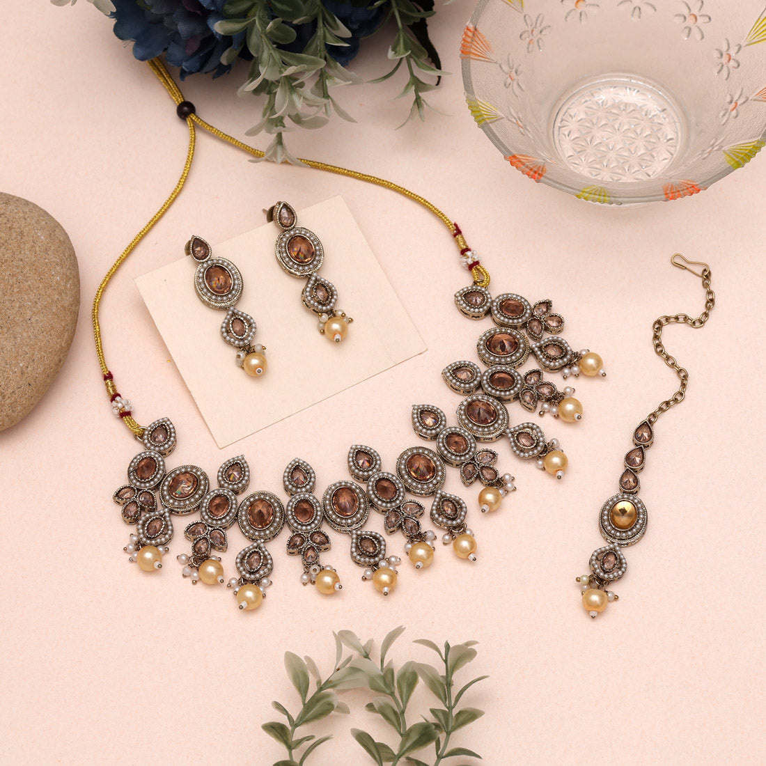 Traditional Gold Color Choker American Diamond Necklaces Set For Brides
