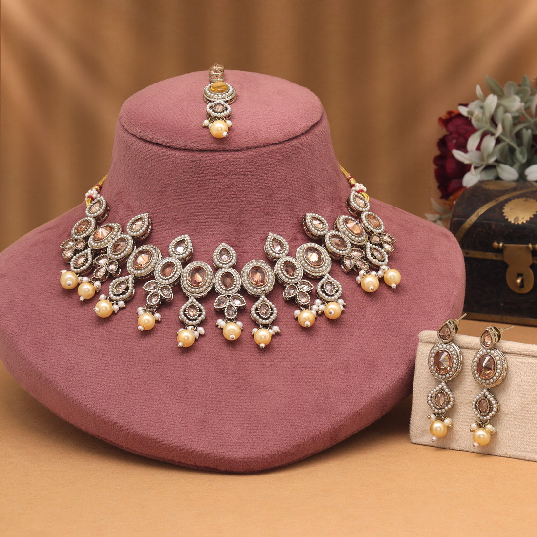 Traditional Gold Color Choker American Diamond Necklaces Set For Brides