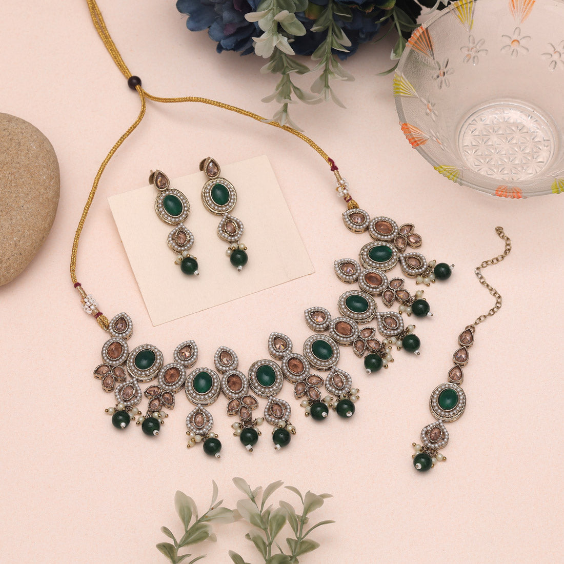 Designer Green Color Choker American Diamond Necklaces Set With Detailing