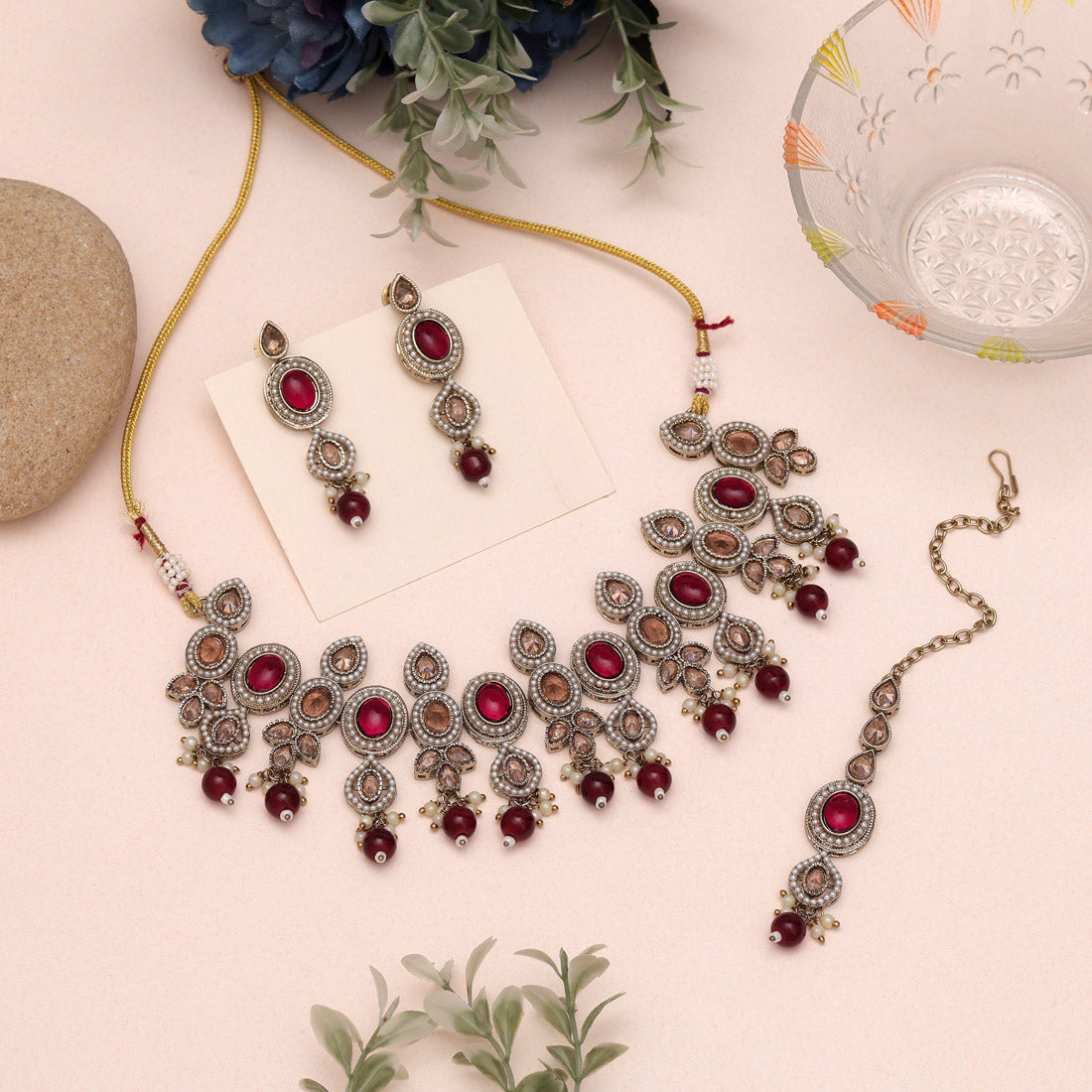 Regal Maroon Color Choker American Diamond Necklaces Set For Festive Outfits