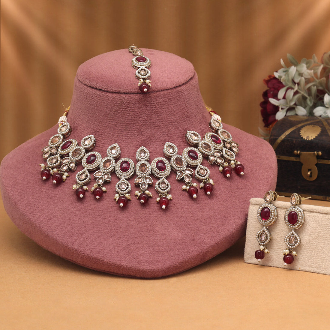 Regal Maroon Color Choker American Diamond Necklaces Set For Festive Outfits