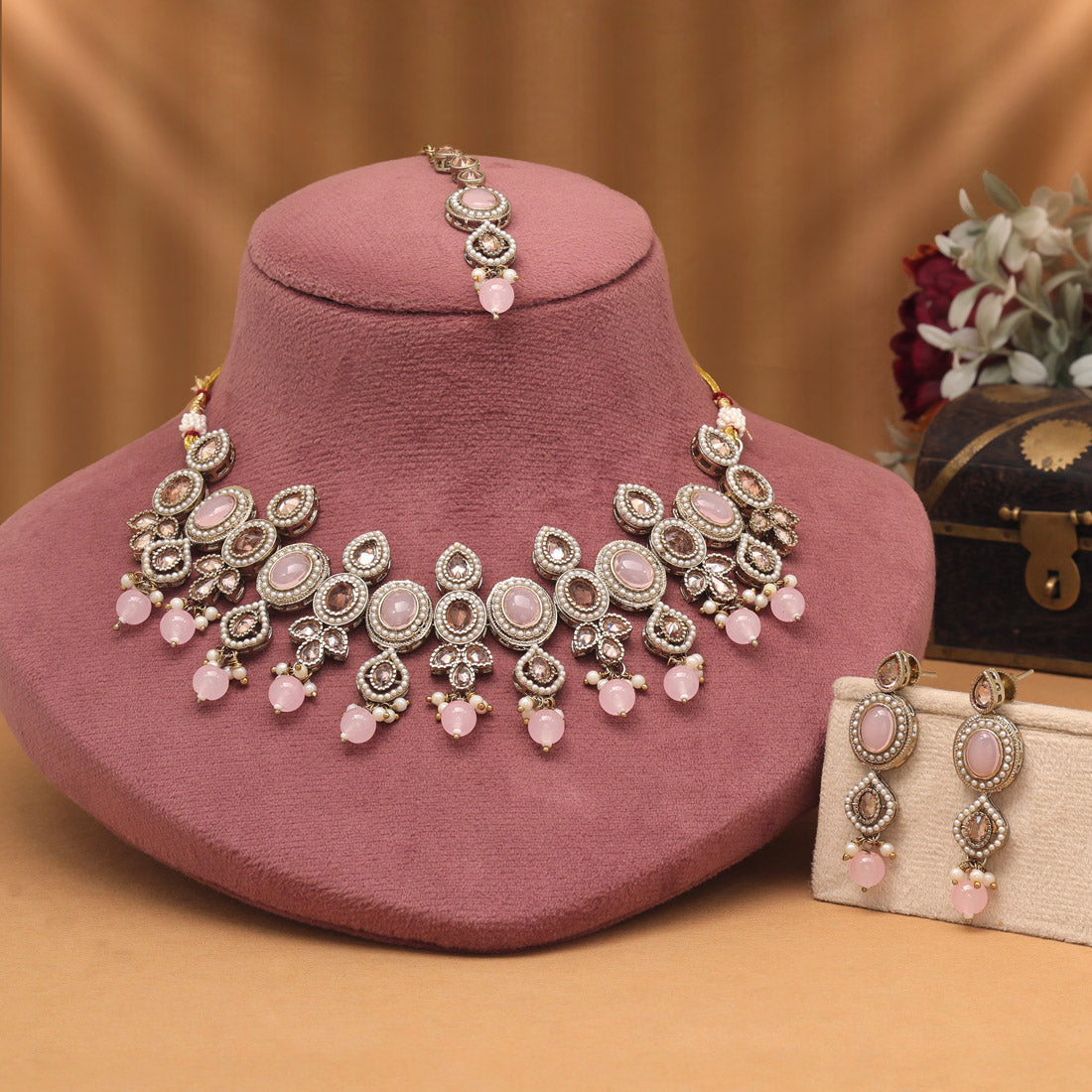 Lovely Pink Color Choker American Diamond Necklaces Set For Elegant Looks