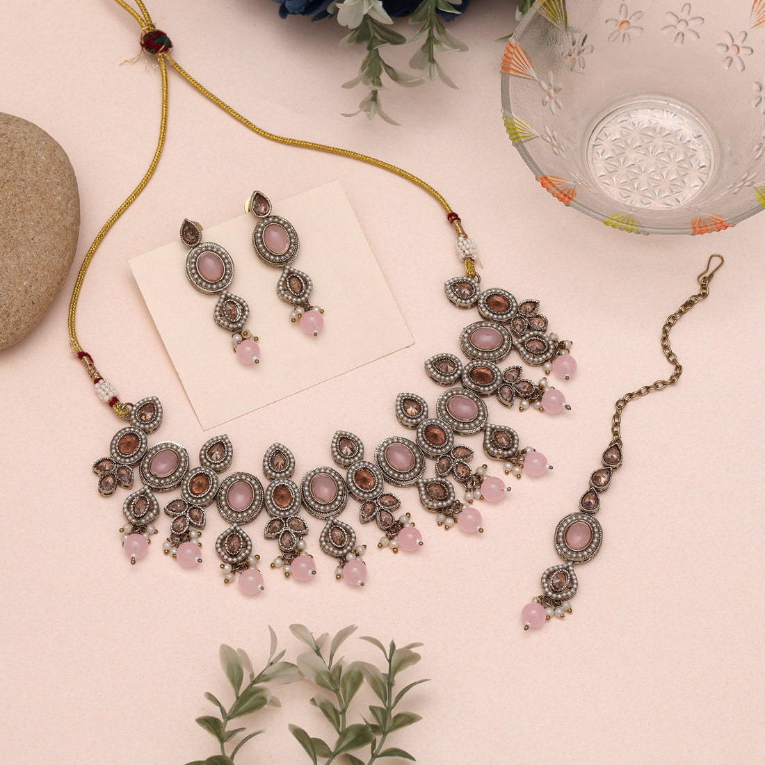 Lovely Pink Color Choker American Diamond Necklaces Set For Elegant Looks