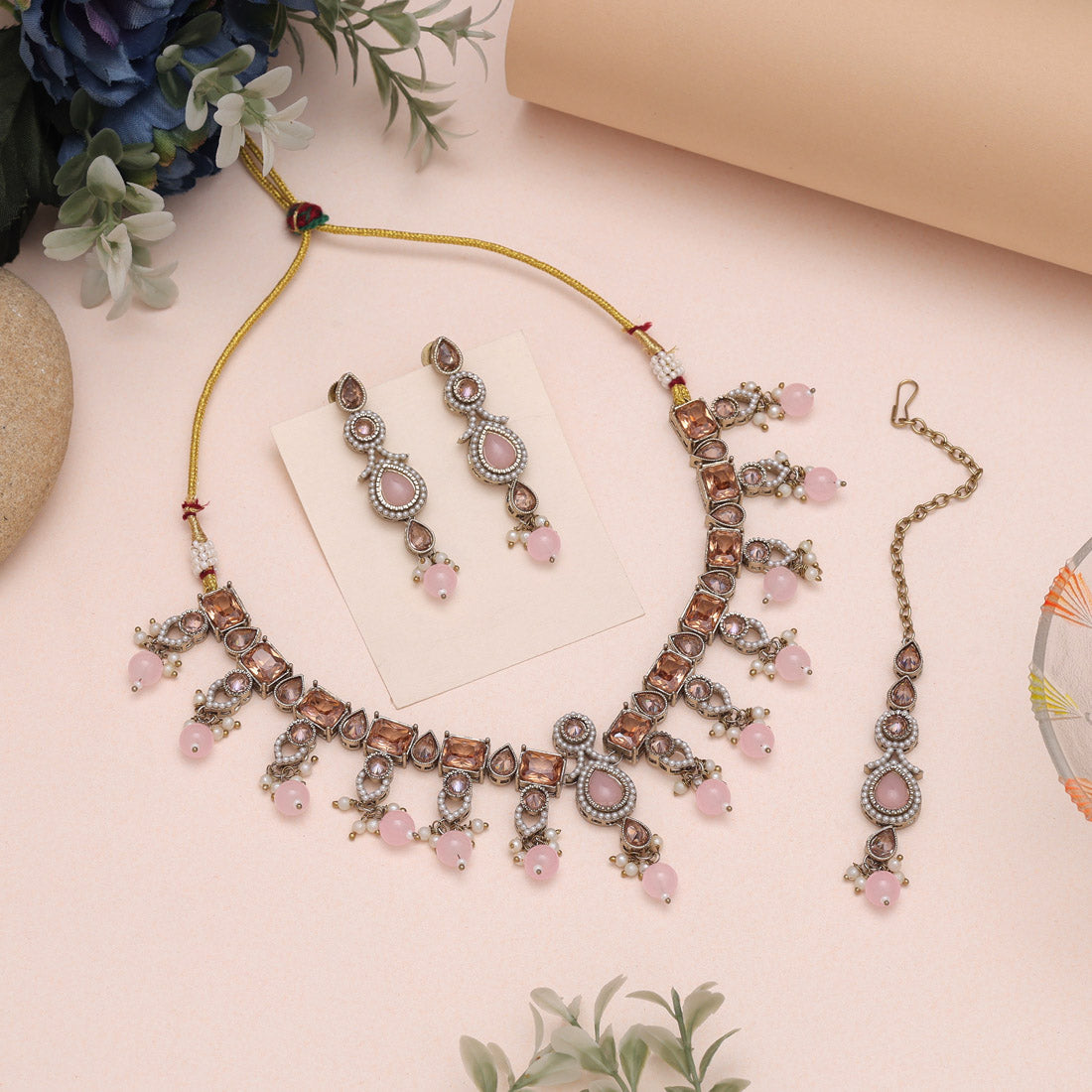 Trendy Pink Color American Diamond Necklaces Set For Youthful Glow